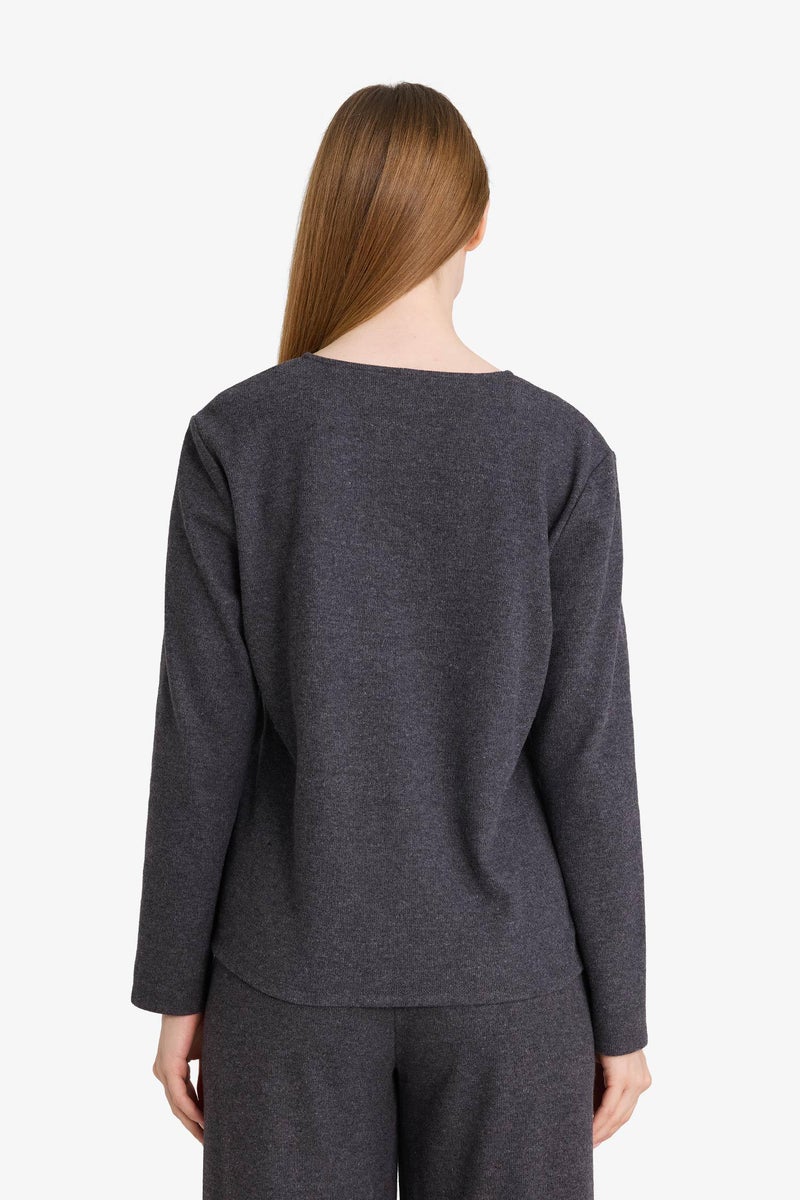 DeFacto Grey Woman Regular Fit V-Neck Pique Cardigan Casual - Image 5